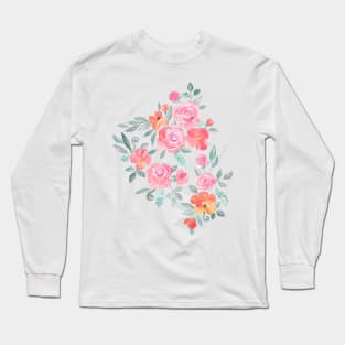 Amelia Floral in Pink and Peach Watercolor Long Sleeve T-Shirt